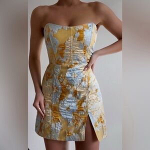 Showpo Brailey Blue Jaquard Gold Yellow Floral Strapless Corset Mini Dress Sz 16